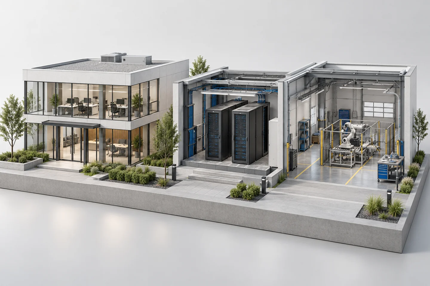 Conceptual illustration of offices, server infrastructure and industrial production in one business environment.